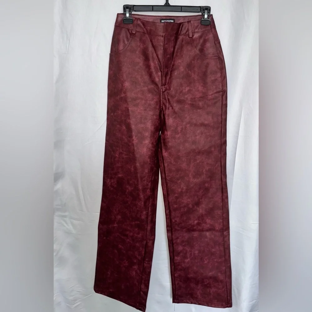 PrettyLittleThing Cherry Red Washed Faux Leather Straight Leg Trousers